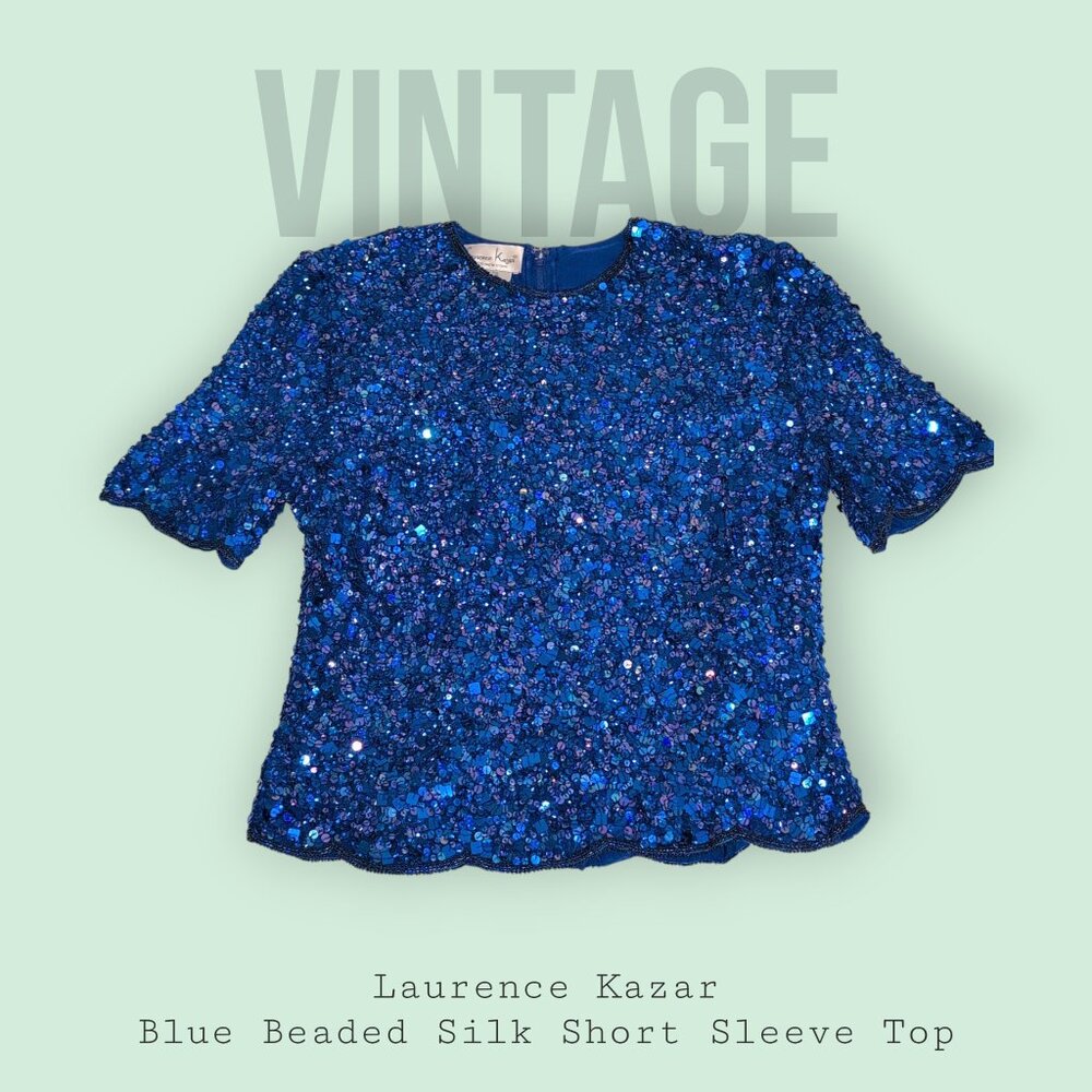 Vintage Laurence Kazar Blue Beaded Silk Short‎ Sleeve Top